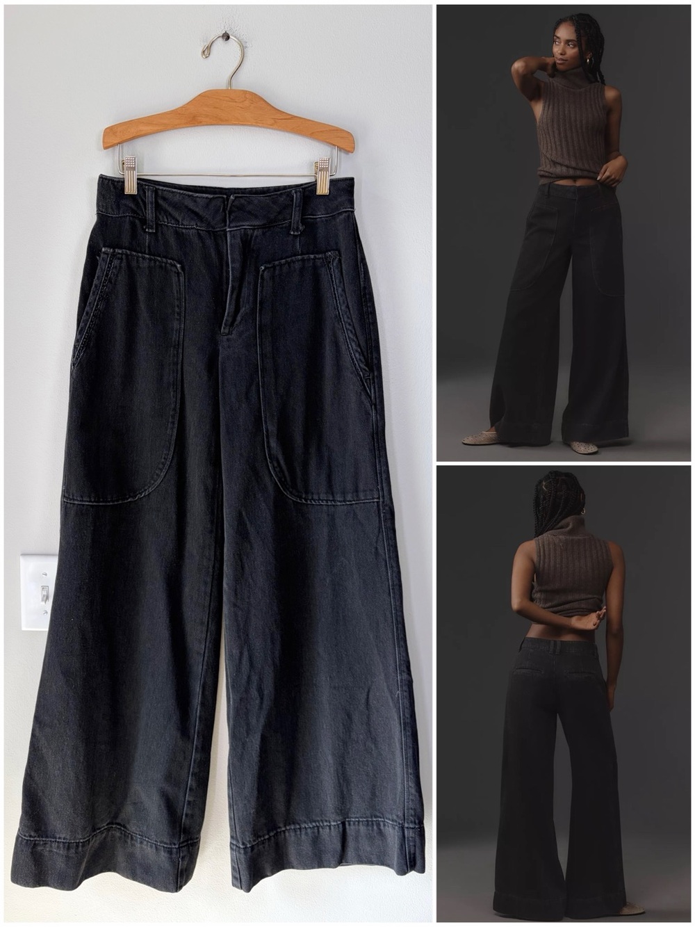 By Anthropologie Black Deep Pocket Wide-Leg Baggy Jeans